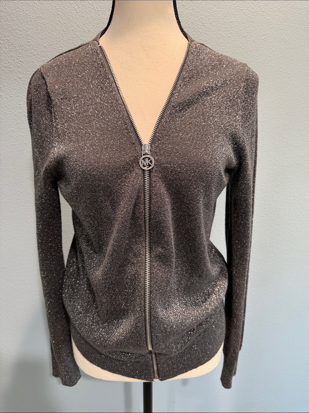 MICHAEL Michael Kors Sparkle Zip-Front Cardigan in Dark Gray